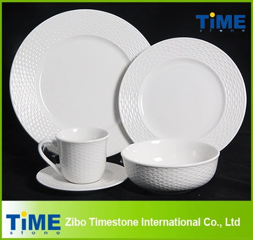 16PCS 20PCS White Embossed Hotel Restaurant Used Porcelain Ceramic Dinnerware Set (622013)