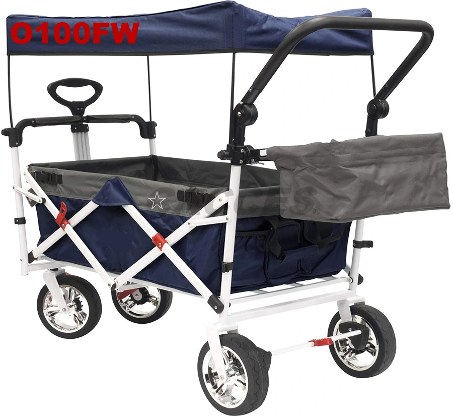 Push&Pull Collapsible Utility Wagon,Heavy Duty Folding Portable Hand Cart W/Removable Canopy,Tray,7′′ Chrome Wheel,Adjustable Handles for Shopping,Camping,Beach