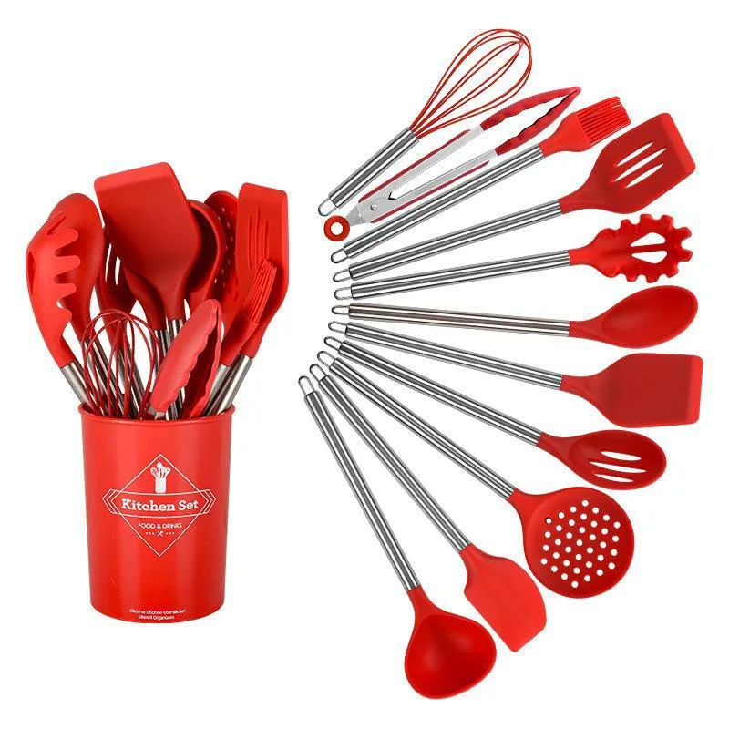 Stainless Steel Handle Kitchen Tool Set Bakeware Spatula Spoon Kitchen Implements Non-Stick Silicone Cooking Utensil Kitchen Gadget Silicone Kitchen Utensils